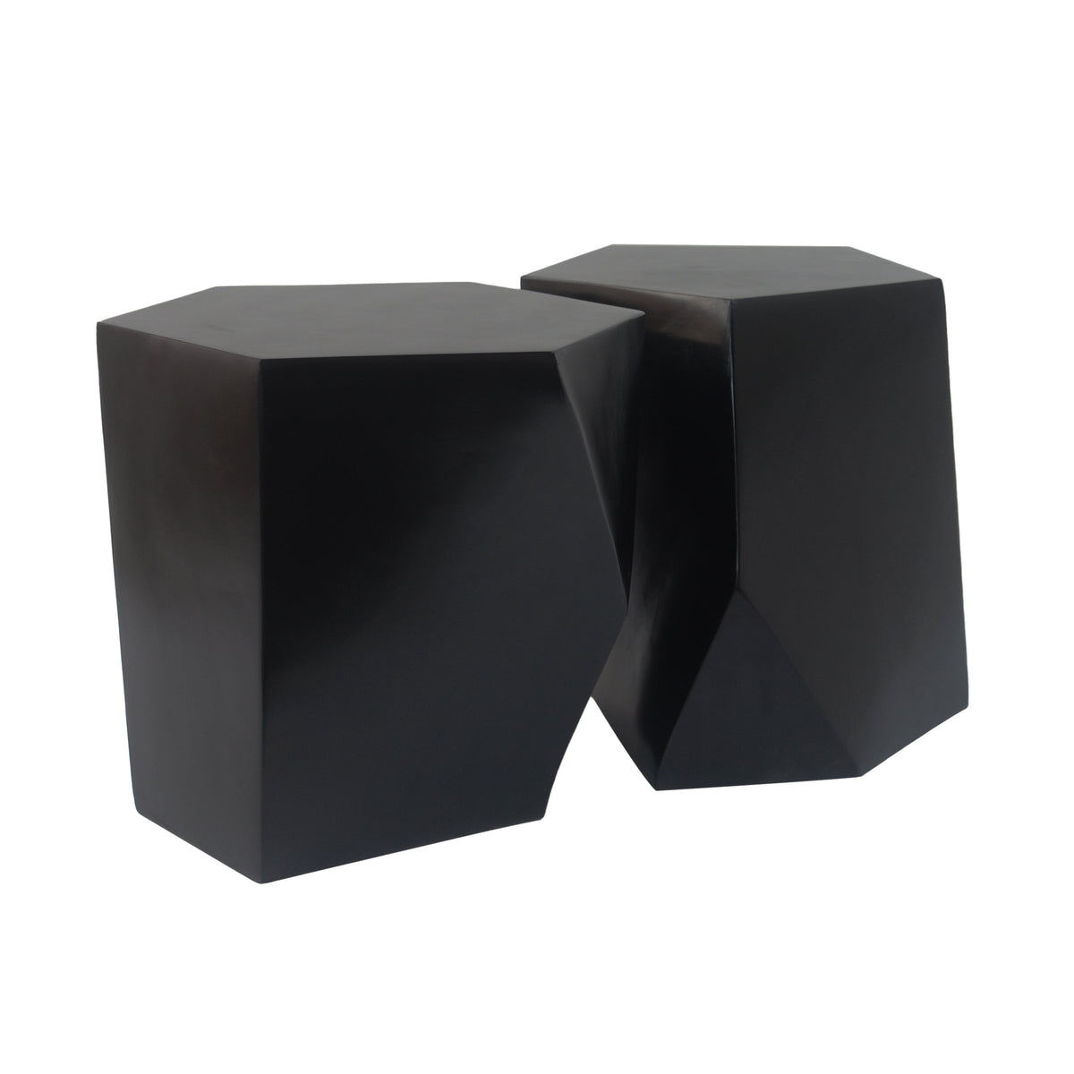 Two black geometrically shaped tables on a white background