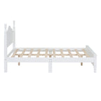 White wooden bed frame with slatted base on a white background