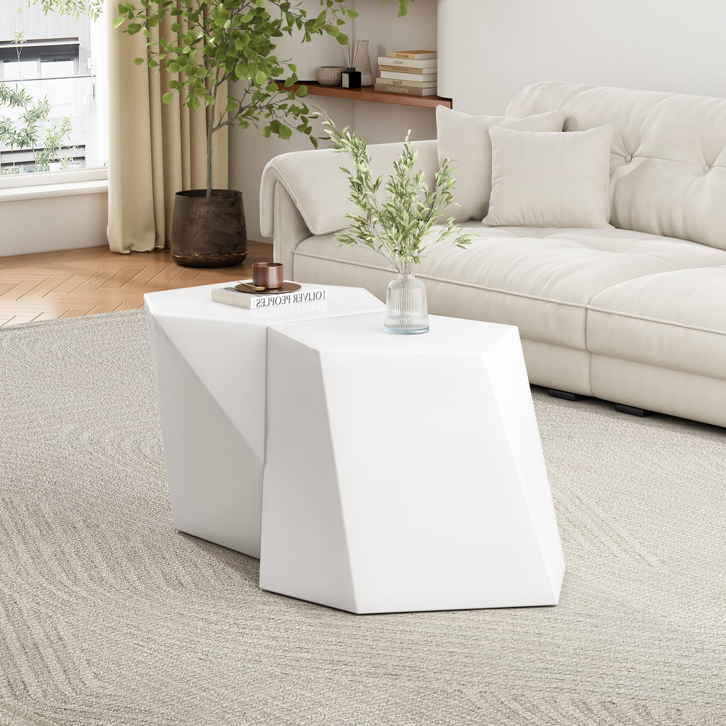 Geometric Faceted Coffee Table Set, Matte White