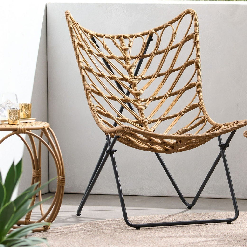 Woven chair with metal frames on a patio 