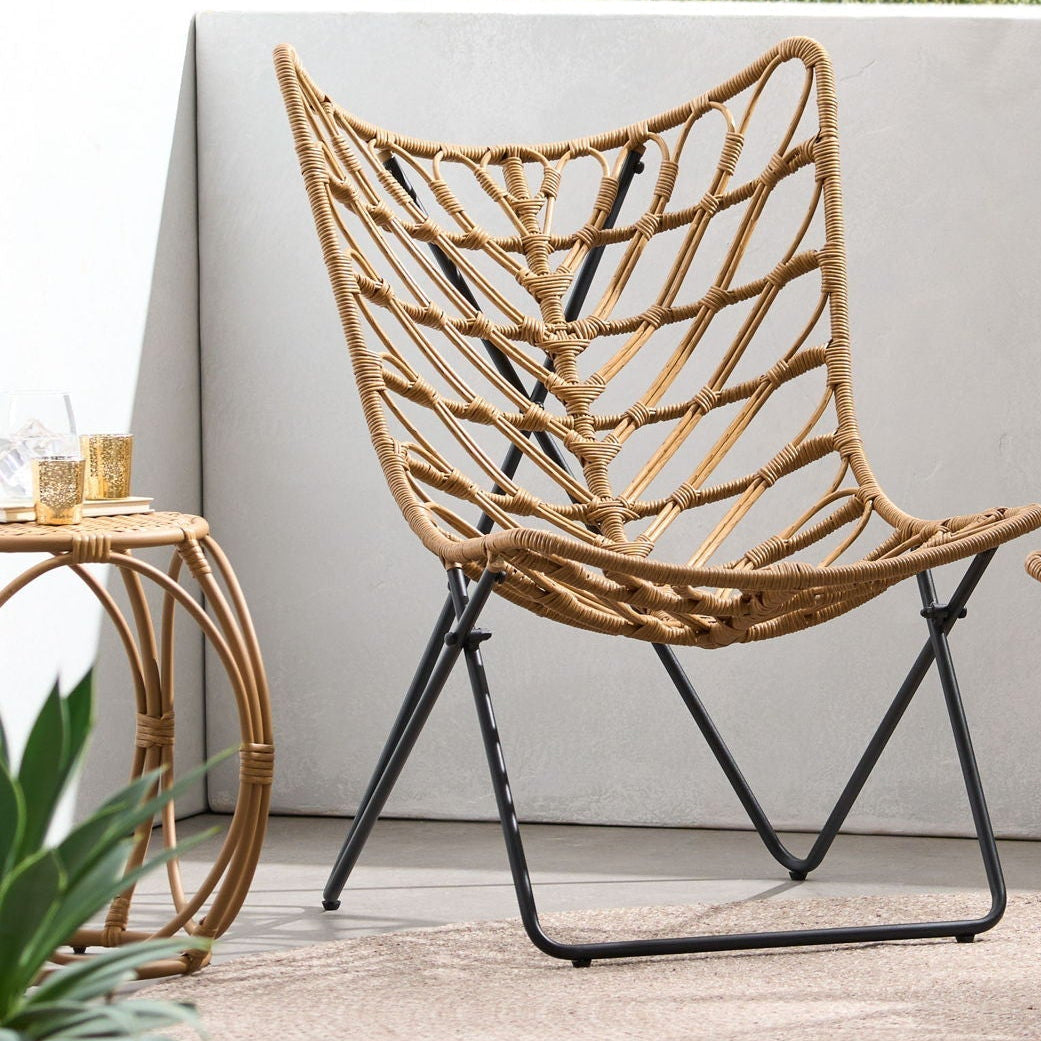 Woven chair with metal frames on a patio 