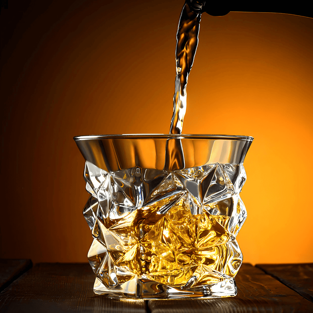 Glass ice bucket with crystal design being filled with amber liquid on a wooden surface.