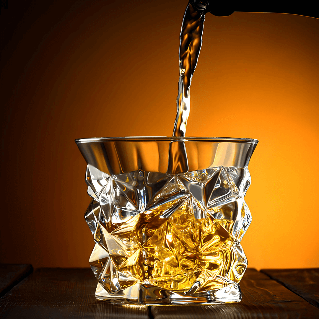 Glass ice bucket with crystal design being filled with amber liquid on a wooden surface.