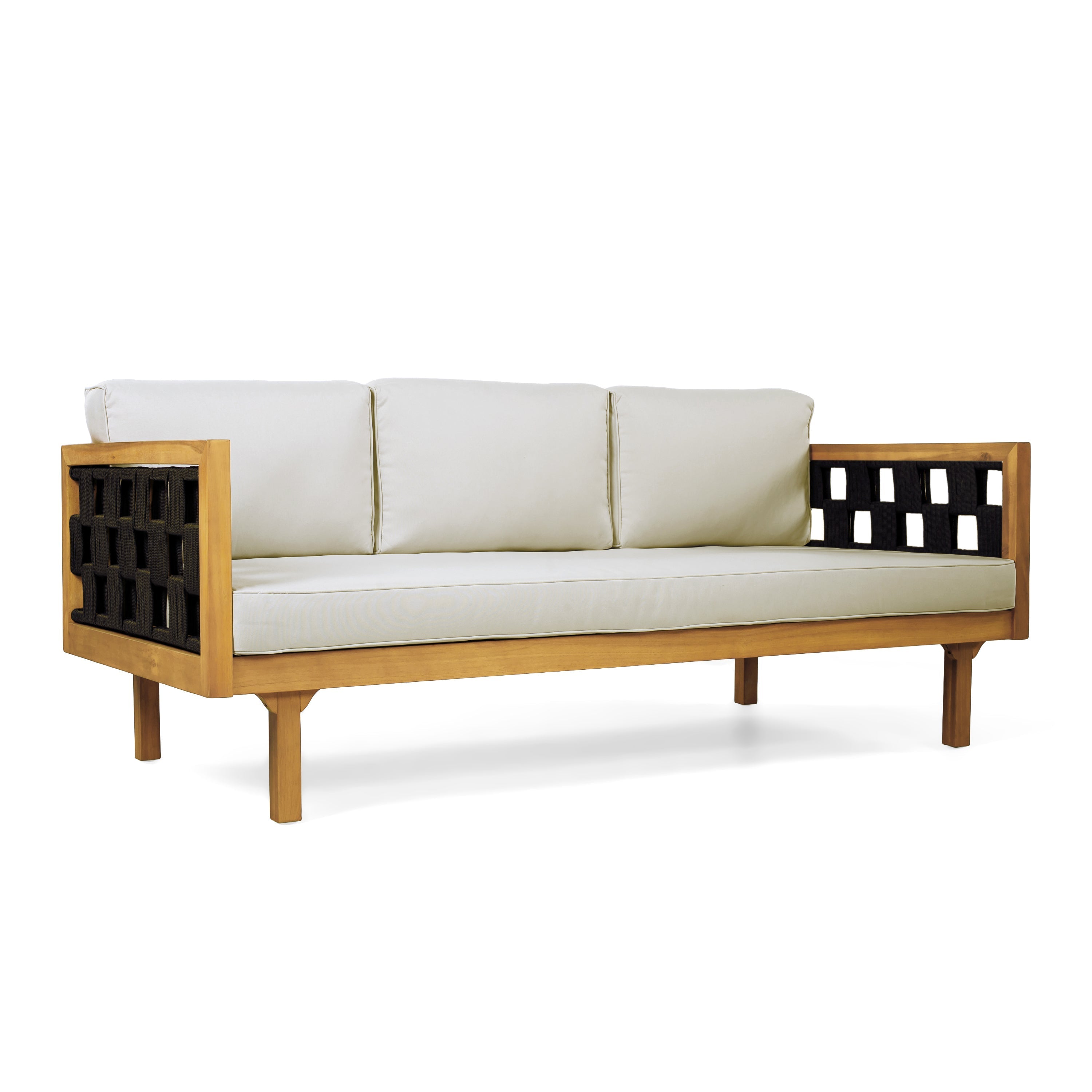 Wooden sofa with white cushions on a white background