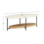 Oval coffee table with wooden shelf and measurements on a white background