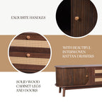 Wooden cabinet with rattan drawers and detailed text on handles and construction.