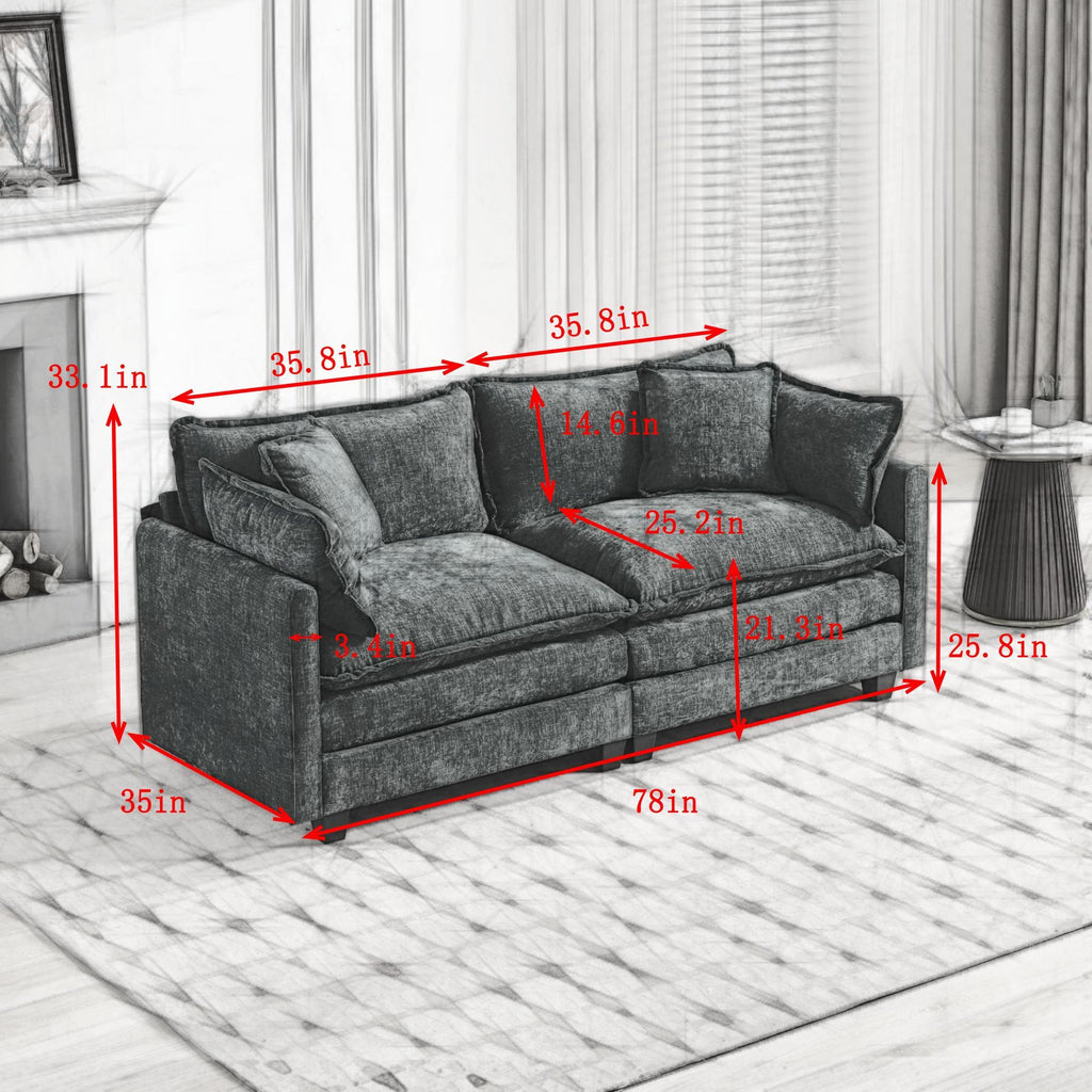 Grayscale image of a sofa with dimensions marked on a white background