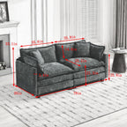 Grayscale image of a sofa with dimensions marked on a white background