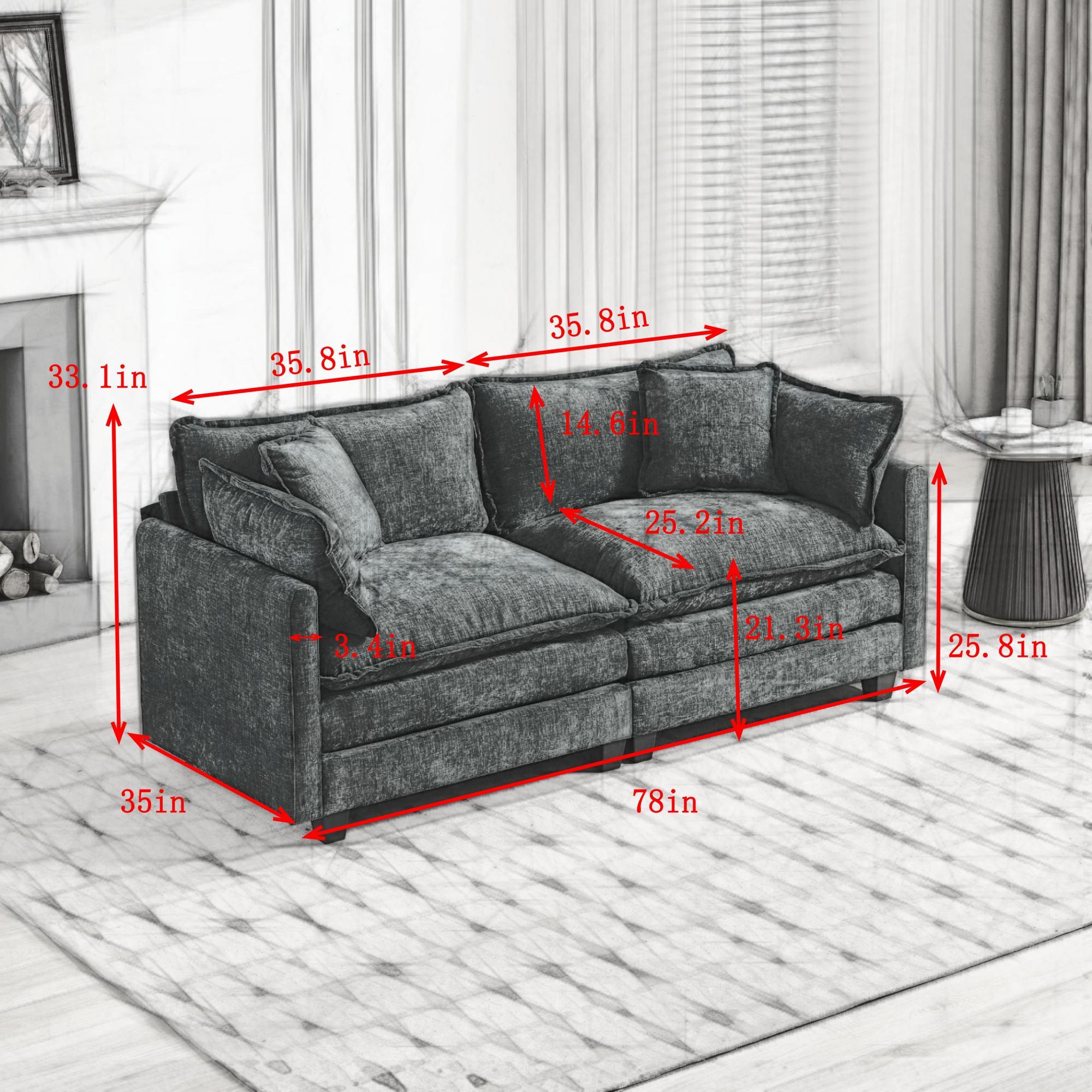 Grayscale image of a sofa with dimensions marked on a white background