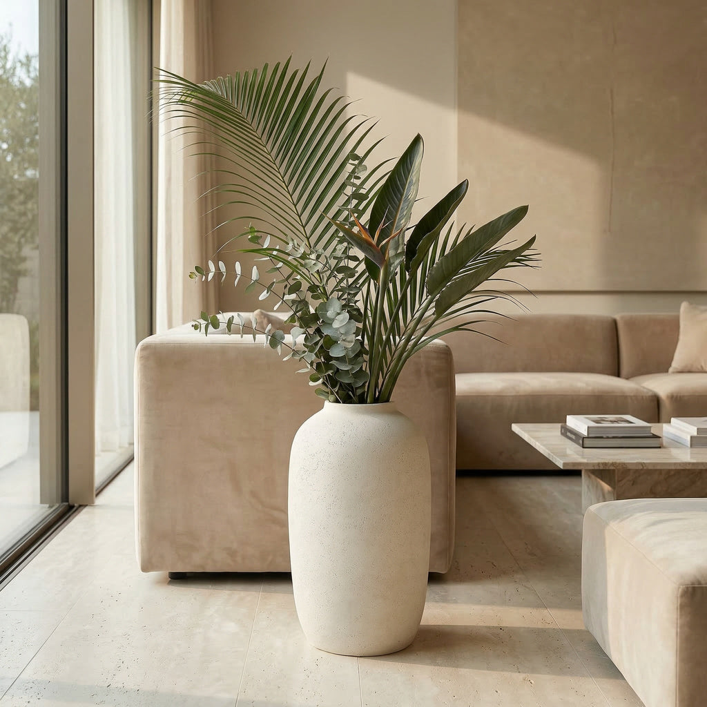 Modern living room with a beige sofa, coffee table, and a large plant in a white pot.