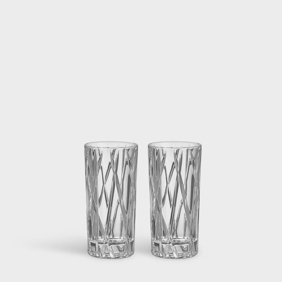 Two crystal glasses with a geometric pattern on a light gray background