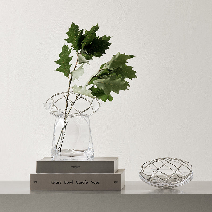 Clear glass vase with green leaves on books against a white background