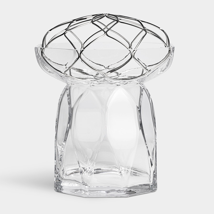 Clear glass diffuser with geometric design on a white background