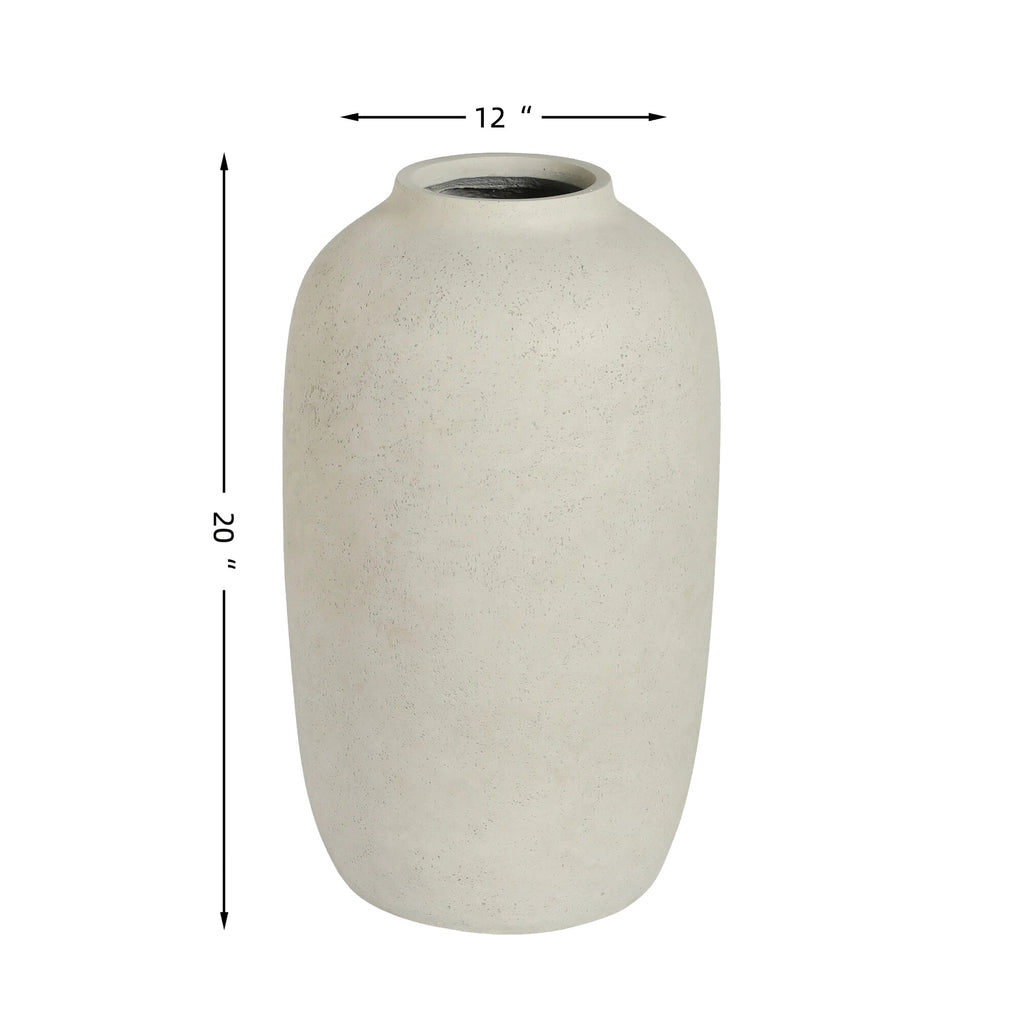 A light beige textured vase with a rounded body and short neck, shown with dimension lines indicating a height of 20 inches and a top diameter of 12 inches.