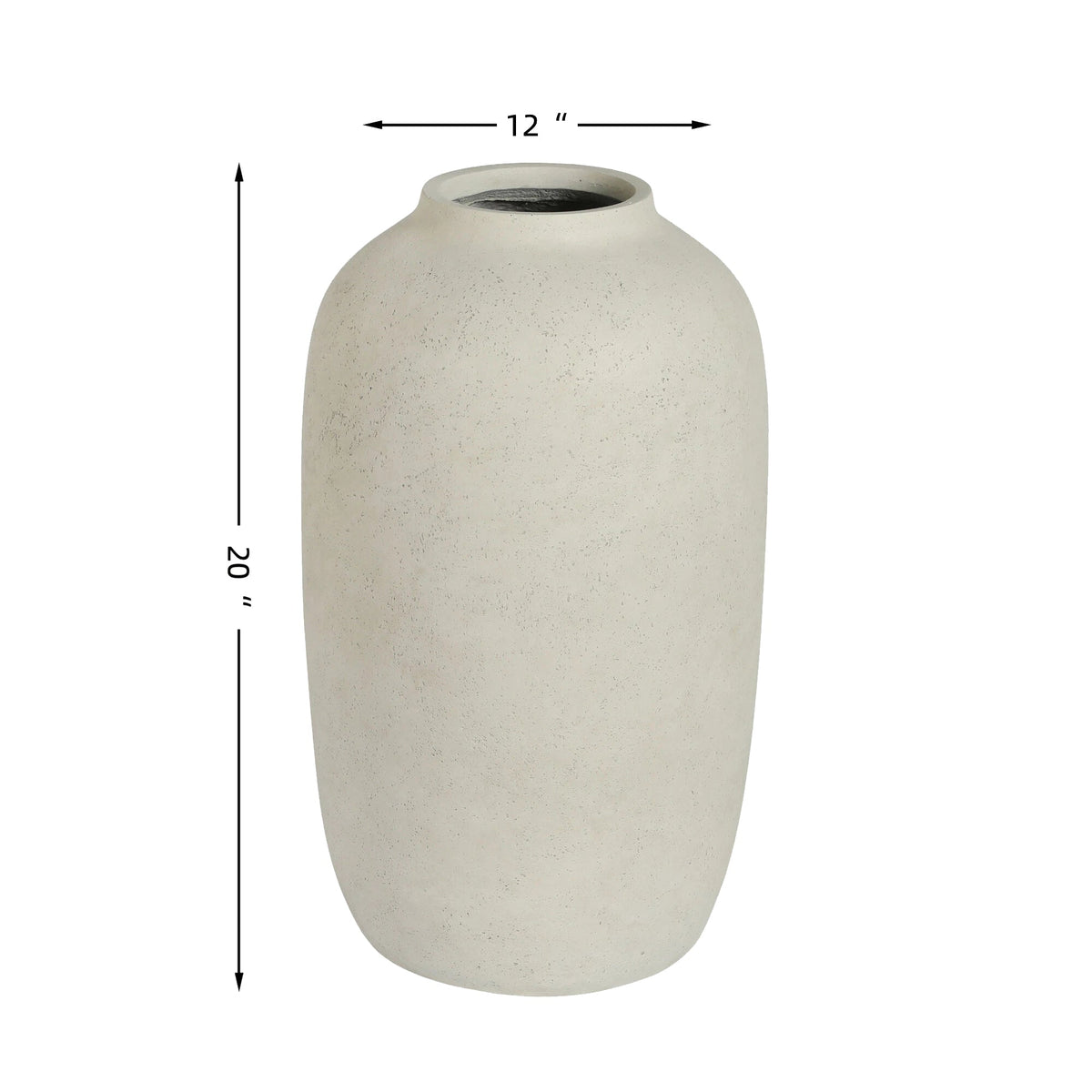 A light beige textured vase with a rounded body and short neck, shown with dimension lines indicating a height of 20 inches and a top diameter of 12 inches.