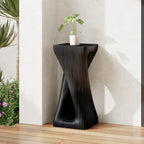 Black decorative side table with a plant on a wooden floor against a light wall.