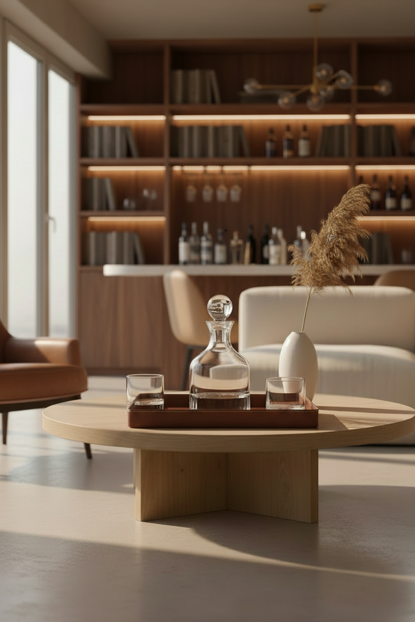 Modern living room with a round wooden coffee table featuring decanter and glasses.