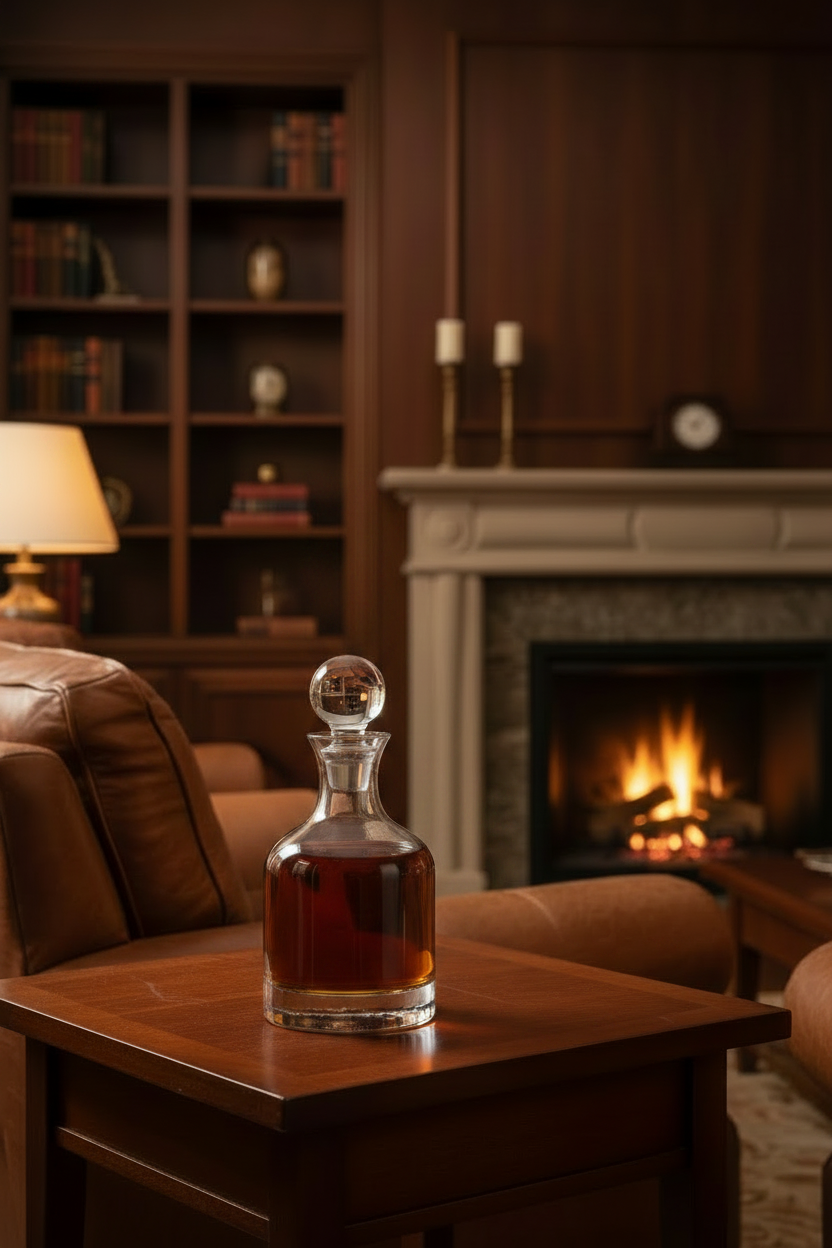 Decanter of whiskey on a wooden table in a cozy living room with a fireplace.