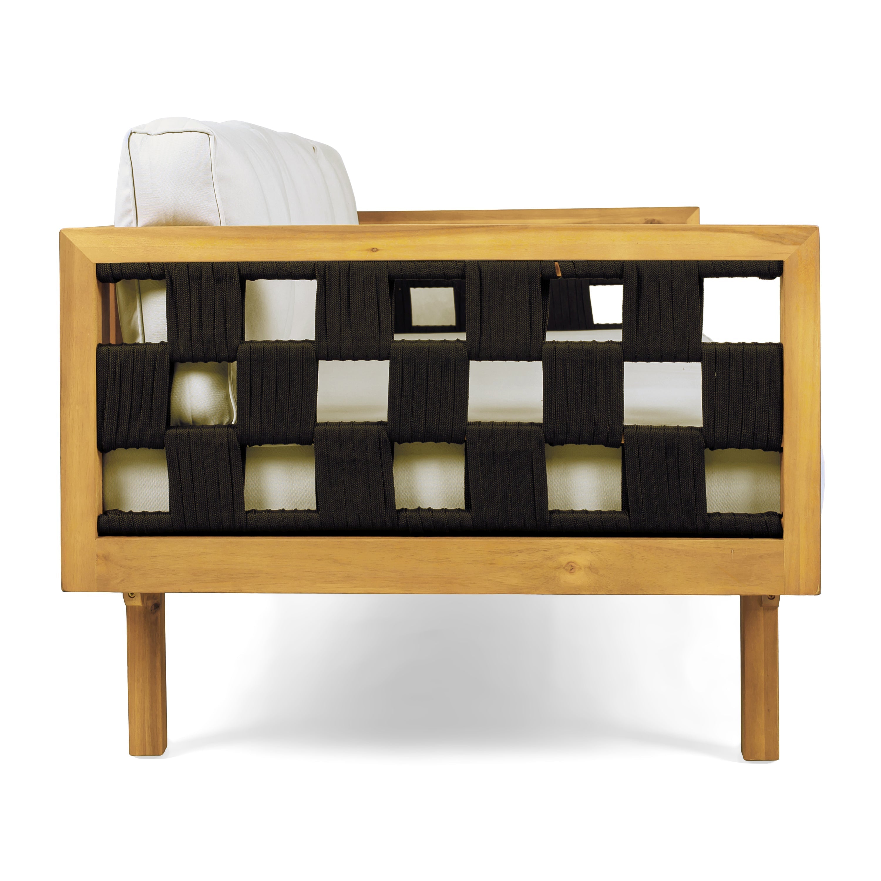 Wooden crib with black woven side and white mattress on a white background