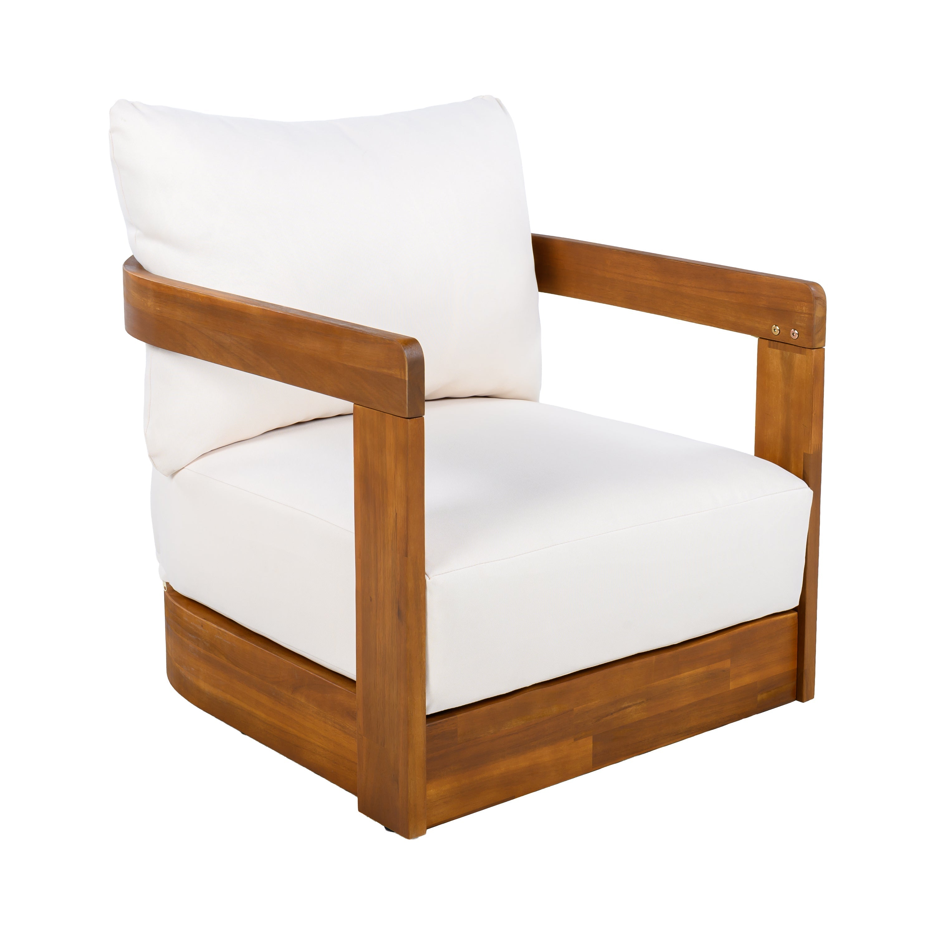 Wooden armchair with white cushions on a white background
