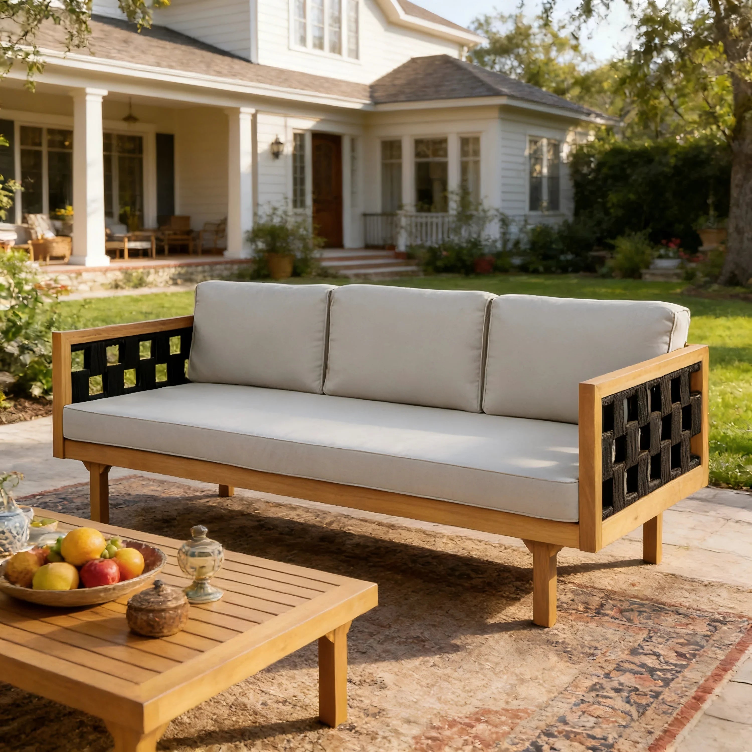 Wooden outdoor sofa with beige cushions on a patio in front of a house.
