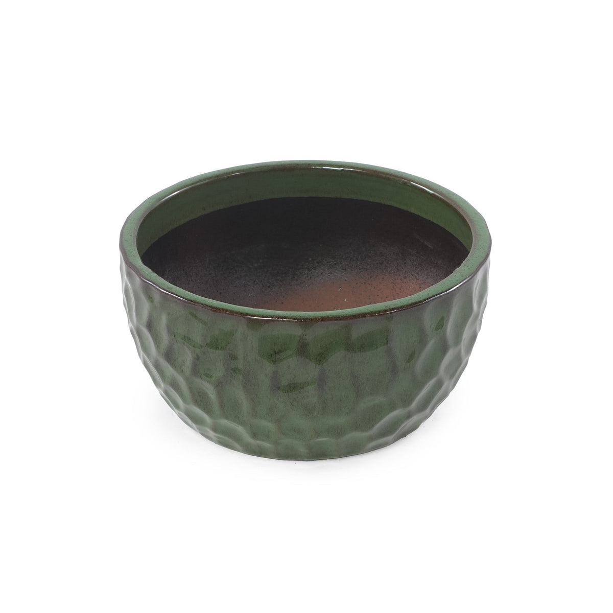 A small round ceramic bowl planter with a textured, dimpled exterior in a muted sage green glaze and a dark brown interior, shown on a plain white background.