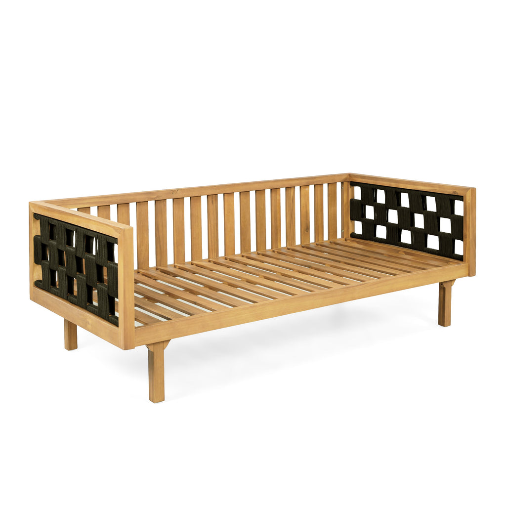 Wooden bench with black geometric backrest on a white background