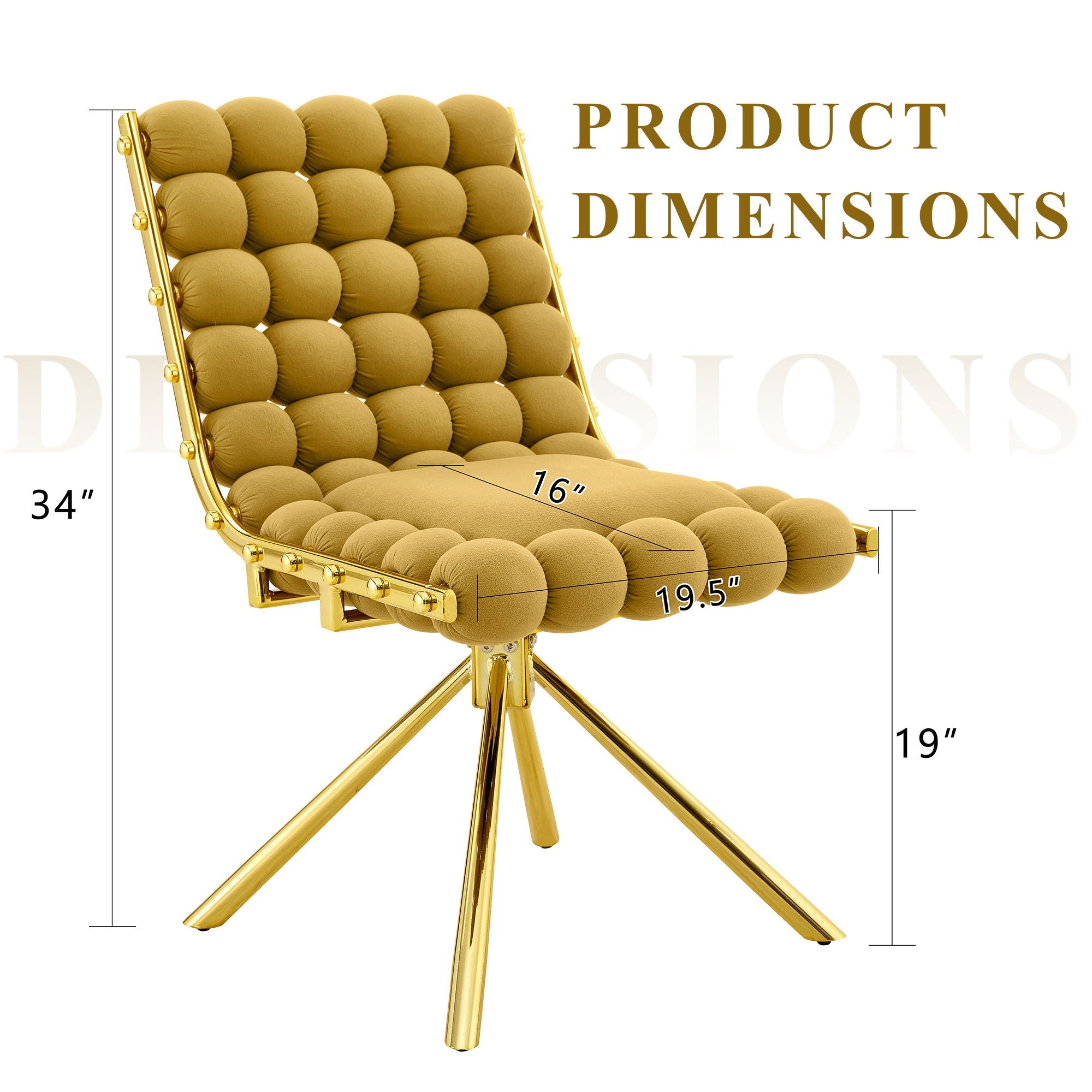 Gold chair with dimensions labeled on a white background
