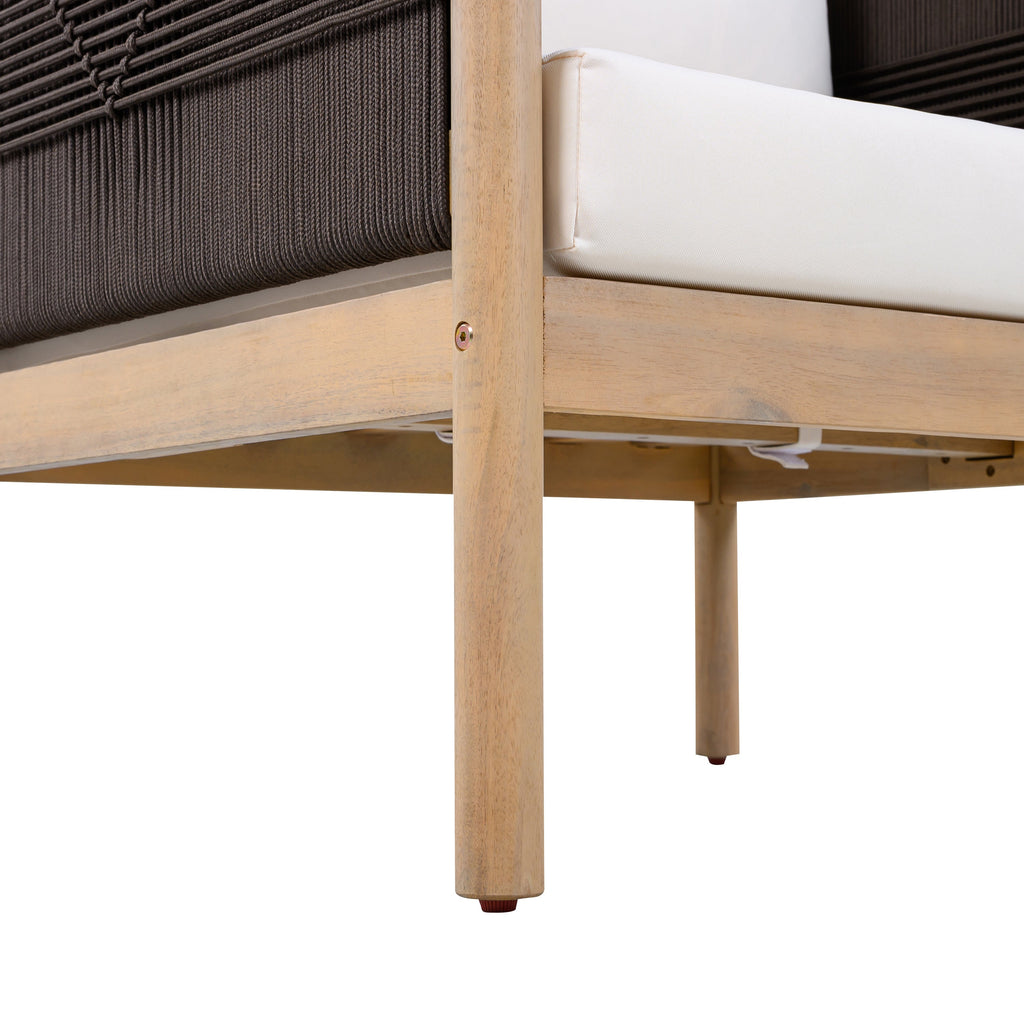 Close-up of a wooden chair with white cushioned seat and brown woven backrest on a white background.