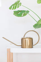 Gold watering can on a white surface with green leaves in the background
