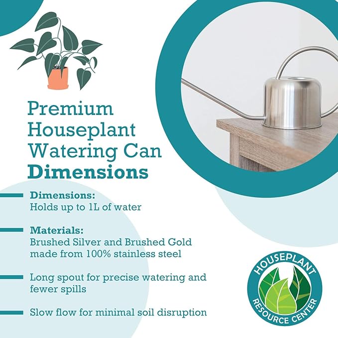 Advertisement for a premium houseplant watering can with product details and branding.