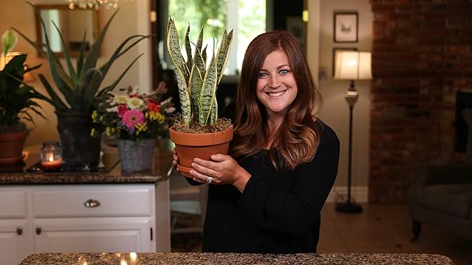 Woman holding a potted plant in a home setting with decor elements.