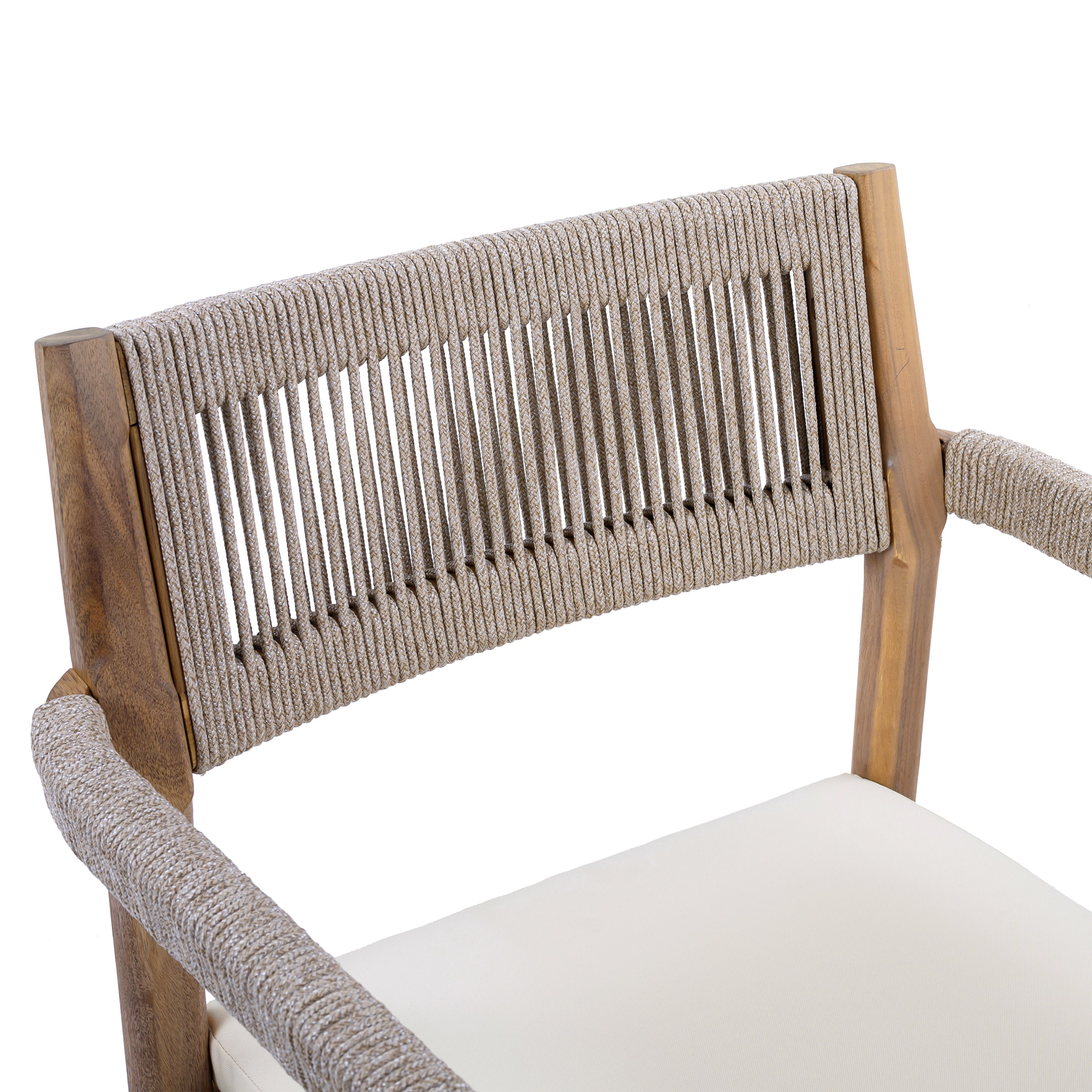 Chair with woven backrest and armrests on a white background