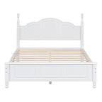 White wooden bed frame with slatted bed base on a white background