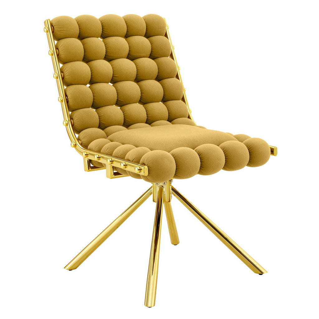 Gold chair with mustard-colored cushioned seat and backrest on a white background