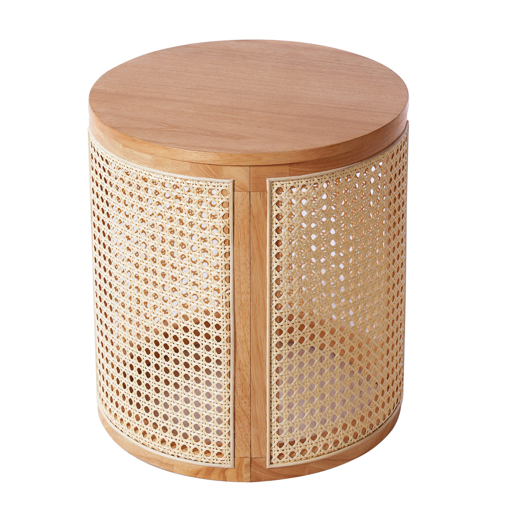 Round wooden side table with wicker pattern on a white background