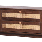 Wooden console with wicker paneling on a white background