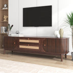 Wooden entertainment console with TV above in a living room setting