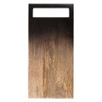 Wooden cutting board with a black handle on a white background