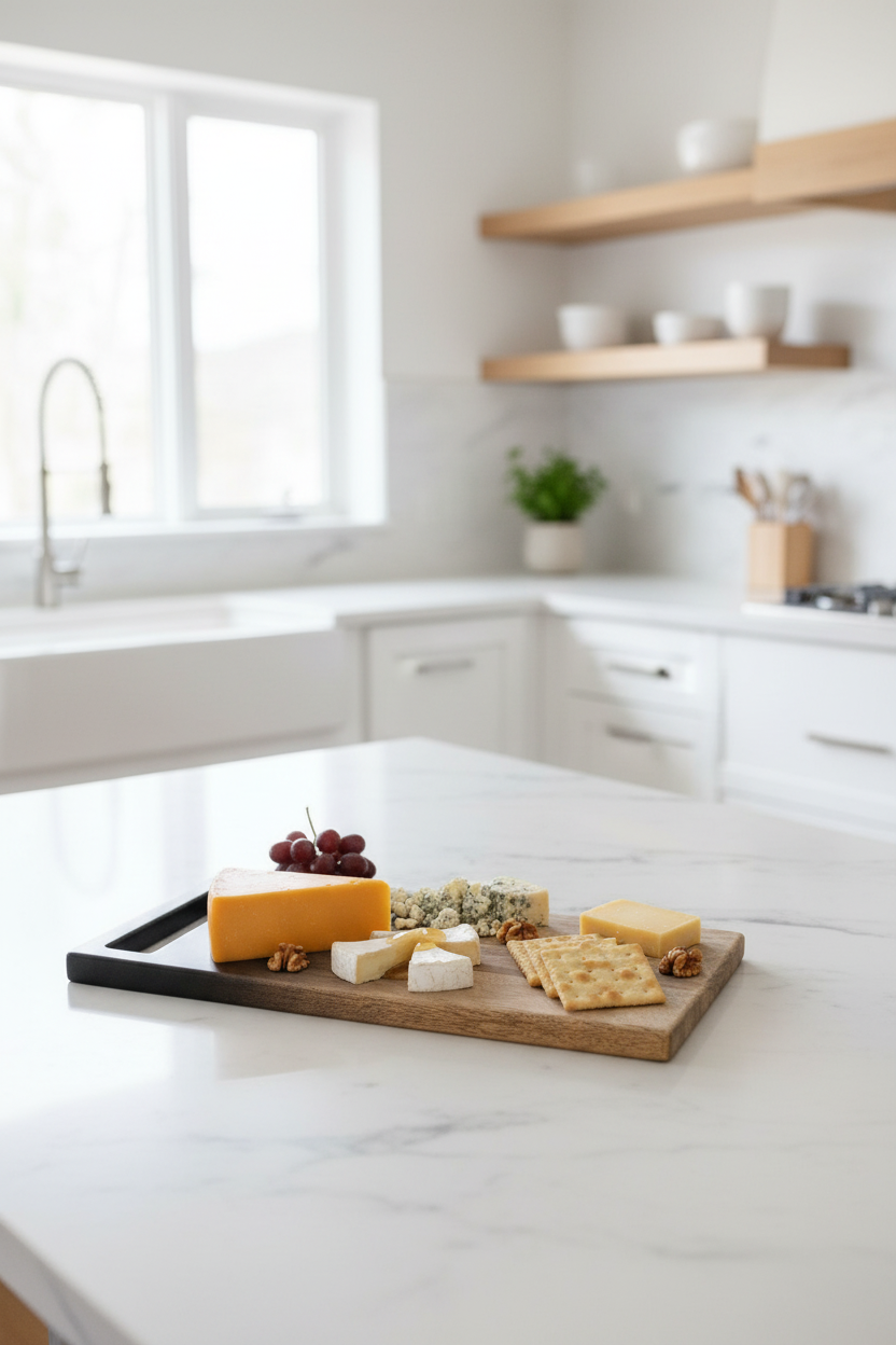 Cheese platter with fruits on a wooden board in a modern kitchen.