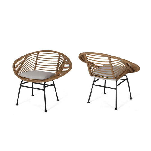 Two wicker chairs with metal frames on a white background