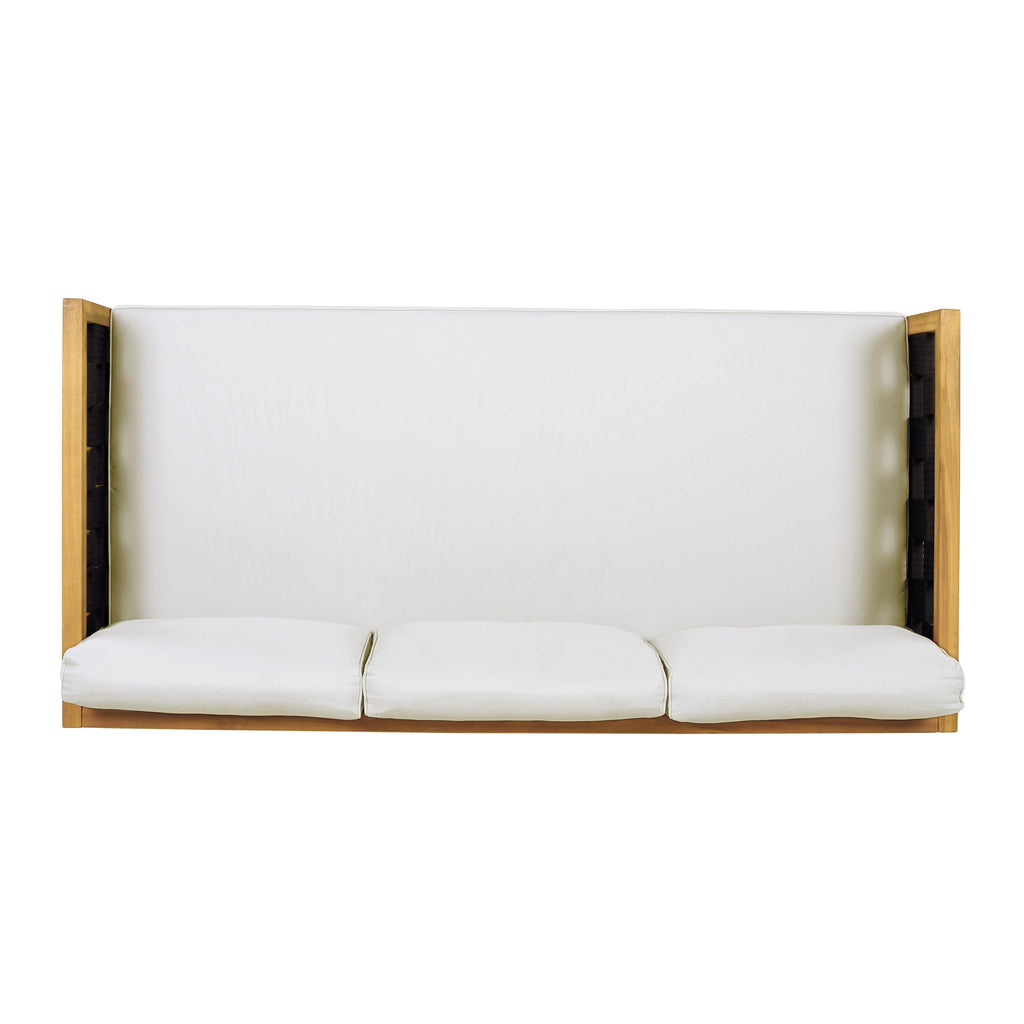 White cushioned bench with wooden frame on a white background