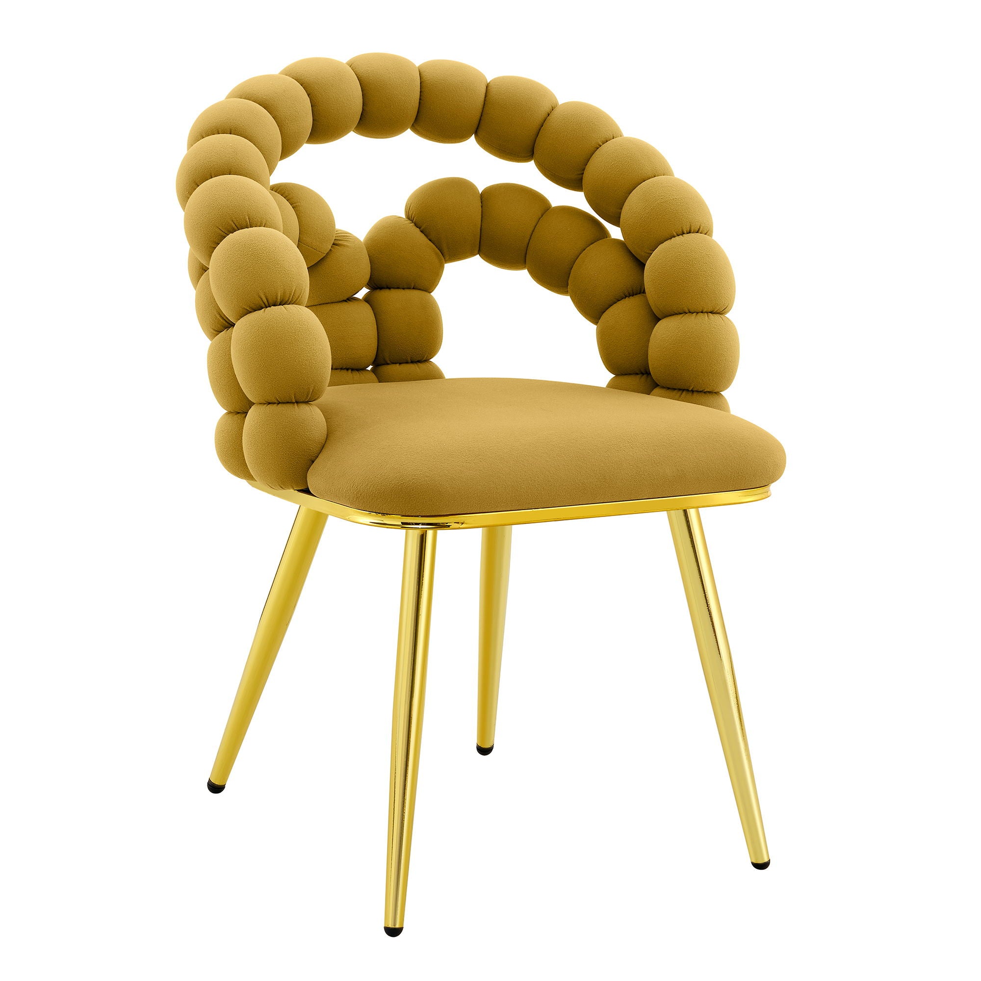 Yellow chair with unique circular backrest design on a white background