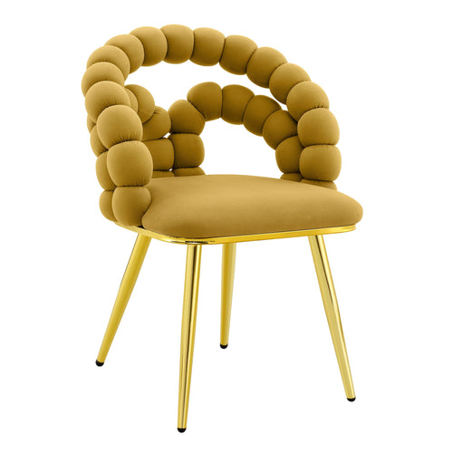 Yellow chair with unique circular backrest design on a white background