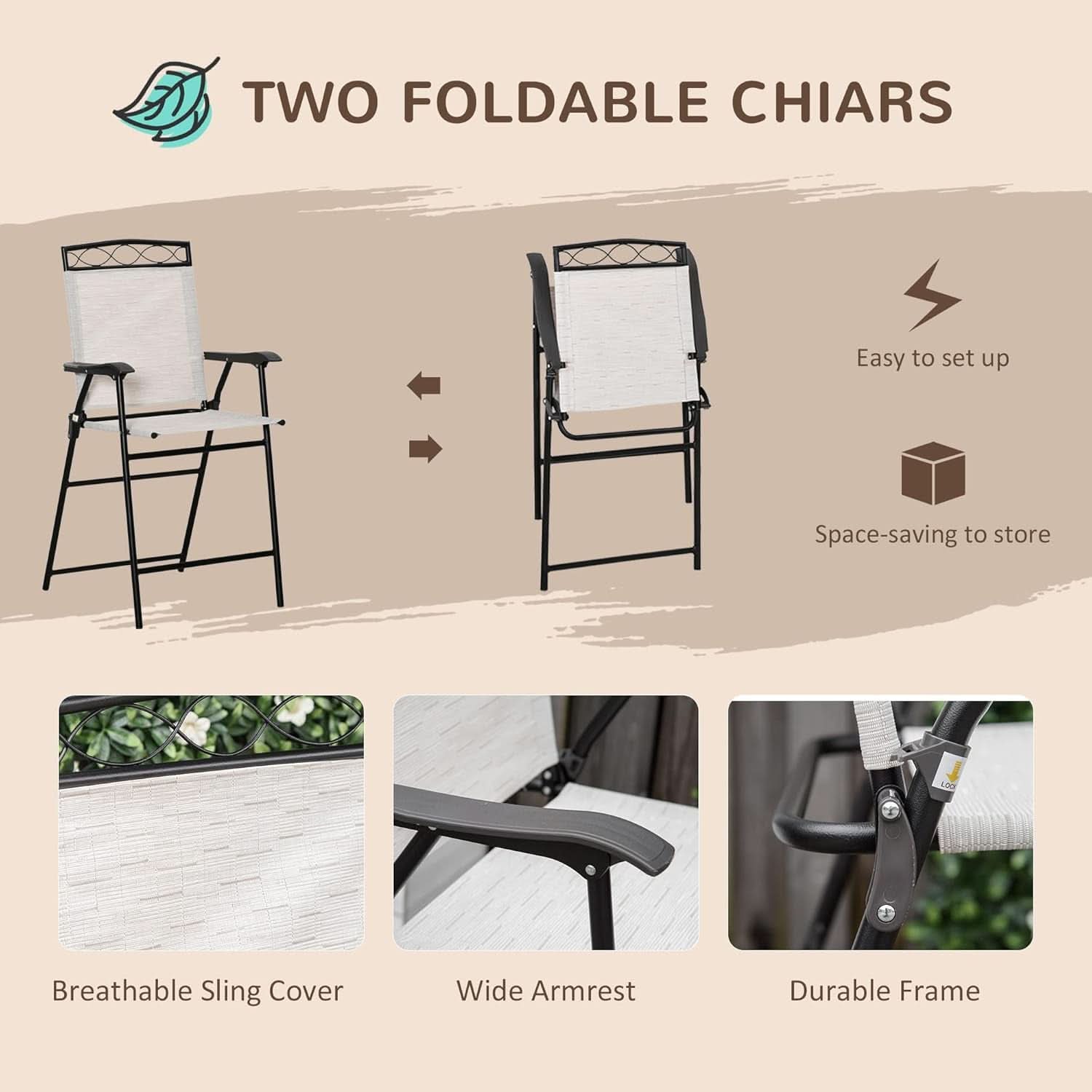 Two foldable chairs with features highlighted on a beige background