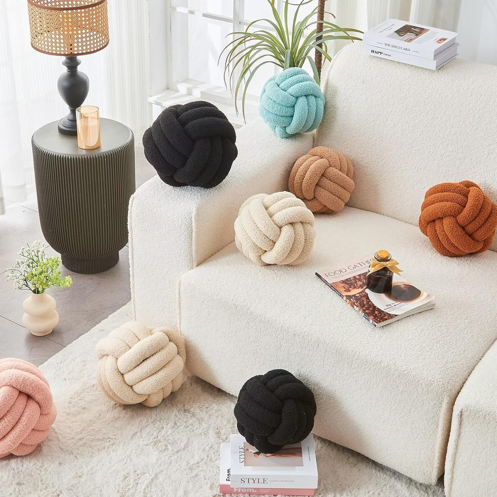 Decorative Throw Knot Pillow Ball for Home Chair Sofa Couch Bed Aesthetic Round Decor Pillows Lambswool Knotted Pillow Cushion (Beige, 8inches)