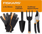 Gardening tools including gloves, trowel, cultivator, and bypass pruner with Fiskars branding.