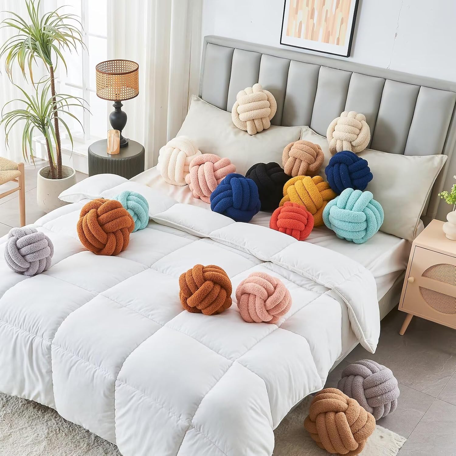 Decorative Throw Knot Pillow Ball for Home Chair Sofa Couch Bed Aesthetic Round Decor Pillows Lambswool Knotted Pillow Cushion (Beige, 8inches)