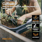 Person gardening with a cultivator, highlighting features like angled tines, rustproof design, and lightweight nature.