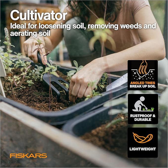 Person gardening with a cultivator, highlighting features like angled tines, rustproof design, and lightweight nature.